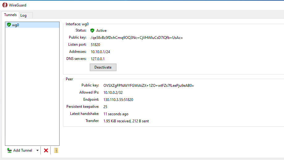 WireGuard on DC01 showing active tunnel with address 10.10.0.1